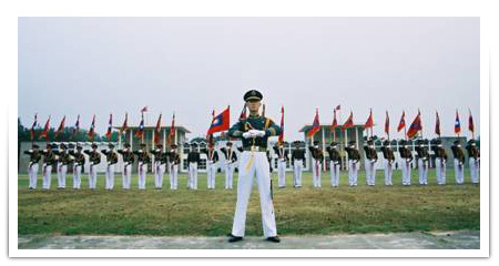 Unit guidons are formed in a line